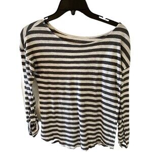 Ann Taylor LOFT Cotton Top White Gray Striped Roll Tab Long Sleeve Boat Neck XS